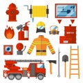 Vector Set Firefighter Fire safety Flat Icons and Symbols.