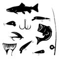 Vector set fishing and angling symbols silhouettes