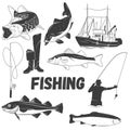 Vector set of fishing labels in vintage style. Design elements, emblems, icons, logo and badges. Royalty Free Stock Photo