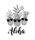 Vector set of five pineapple fruit. Tropical summer vacation collection. Design for print. Black and white illustration Royalty Free Stock Photo