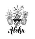 Vector set of five pineapple fruit. Tropical summer vacation collection. Design for print. Black and white illustration Royalty Free Stock Photo