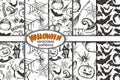 Vector set of five seamless patterns with sketch Halloween characters