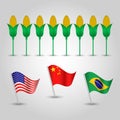 Vector set of flags of states with biggest production of maize and several corn cobs - countries united state