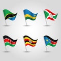 Vector set of flags uganda, rwanda, burundi, kenya, tanzania and south sudan on silver pole - icon states of east african c