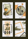 Vector set with flat army cards design templates about armour, soldier and victory celebration Royalty Free Stock Photo