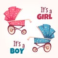 Vector set of flat baby girl and boy carriage Royalty Free Stock Photo