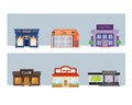 Vector set of flat buildings storefronts. Colorful and bright street with shops and lights in different style.