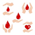 Vector set flat design handbreadth around red blood drop, heart with blood drop inside isolated on white background