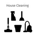 Vector set of flat icons for cleaning tools at home. Isolated objects on white background. Cleaning the room, washing the floor an Royalty Free Stock Photo