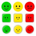 Vector set flat illustration of feedback rate icon, round square button, kawaii emoticons positive, neutral and negative Royalty Free Stock Photo