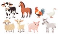 Vector set of flat illustrations. Farm animals on white background, domestic animals. Horse, cow, sheep, goat, goose Royalty Free Stock Photo