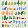 Vector set of flat illustrations of plants, trees, leaves, branches, bushes and pots