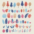 Vector set of flat illustrations of plants, trees, leaves, branches, bushes and pots