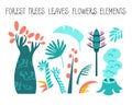 Vector set of flat illustrations. Plants, trees, leaves, flowers, elements of tropical, prehistory Dino forest. Flat