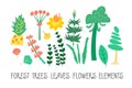 Vector set of flat illustrations. Plants, trees, leaves, flowers, elements of tropical, prehistory Dino forest. Flat