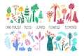 Vector set of flat illustrations. Plants, trees, leaves, flowers, elements of tropical, prehistory Dino forest. Flat