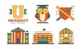 Vector set of flat outline icons related to education theme. Buildings and owl in mantle. Original emblems for Royalty Free Stock Photo