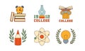 Vector set of flat outline logo templates and icons related to education theme. Creative emblems for colleges Royalty Free Stock Photo