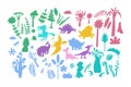 Vector set of flat silhouettes of prehistoric flora and fauna. Dinosaurs, plants, trees, leaves, flowers, rainforest Royalty Free Stock Photo