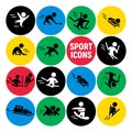 Vector set of flat sport icons isolated on colorful round backgrounds.