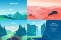 Vector set of flat summer landscape illustrations with desert, waterfall, mountains, sun, forest on blue clouded sky. Royalty Free Stock Photo