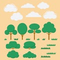 Vector set of flat trees, bushes,grass and clouds Royalty Free Stock Photo