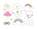 Vector set of flat weather icons icons rainbow stars thunder moon sun rain clouds eyelashes stars Royalty Free Stock Photo