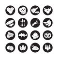 Vector set flat web icons with food. Drawn cartoon black and white foodstuffs long shadow in round frame for internet, mobile app