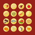 Vector set flat web icons with food. Drawn cartoon multicolored foodstuffs long shadow in round frame for internet, mobile apps, Royalty Free Stock Photo