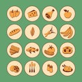 Vector set flat web icons with food. Drawn cartoon vintage foodstuffs long shadow in round frame for internet, mobile apps, inter