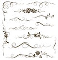 Vector set of floral calligraphic elements, dividers, ornaments with roses. Flowers silhouettes