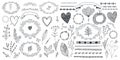 Vector set of floral decor, hand drawn doodle frames, dividers, borders, elements. Isolated. Royalty Free Stock Photo