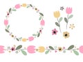 Vector set of floral elements, flower brush, wreath, tulips in hand drawn style. Doodle illustration.