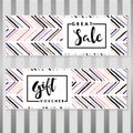 Vector set of flyer and gift voucher for great sale. Chevron modern brush spot in trendy pastel colors.