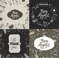 Vector set of food illustration banners, posters, cards, covers. Vegetables, fruit, meat, fish, dessert hand drawn Royalty Free Stock Photo