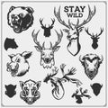 Vector set of Forest animals illustration and silhouette. Hunting club design. Royalty Free Stock Photo
