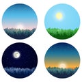 Vector set of forest landscapes: pine forest at sunset, sunrise, day and night