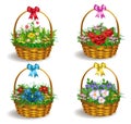 Vector set of four baskets of colorful flowers