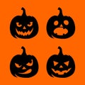 Set of black silhouettes of jack-o`-lanterns Halloween pumpkins on orange. Vector illustration. Royalty Free Stock Photo