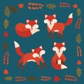 Vector set of four cute foxes and autumn leaves.