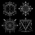Vector set of four dark backgrounds with geometric symbols. Sacred mystic signs drawn in lines. Illustration in white colors. For Royalty Free Stock Photo