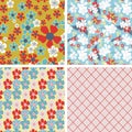 Vector set of four floral line art seamless pattern background with abstract floral elements. Royalty Free Stock Photo