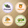 Vector set of four round labels, sea buckthorn, apricot, gooseberry, currant homemade jam on a wooden background