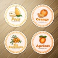 Vector set of four round labels, sea buckthorn, apricot, pear, orange homemade jam on a wooden background