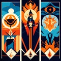 Vector set of four tarot cards. Esoteric, occult and alchemy illustrations. AI Generated