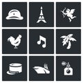 Vector Set of France Icons. Army, Paris, Tower, Romantic, Rooster, Music, Legion, Aircraft Carrier, Perfume.