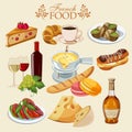 Vector set of French cuisine. National food of France. Icons for menu