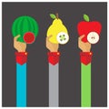 Vector set fruit Melons, apples, pears icon hand and arm long