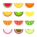 Vector set of fruit slices. Lemon, lime, orange, melon, watermelon, passion fruit, apple, pineapple, qiwi. Summer exotic
