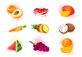 Vector set with fruits, berries, vegetable. Healthy and tasty ingredient for juices, cocktails, smoothies. Royalty Free Stock Photo